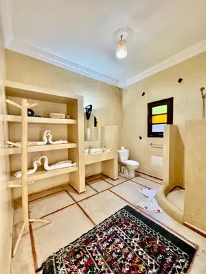 a bathroom with a toilet and a rug on the floor at Riad Iklil Hce in Marrakech