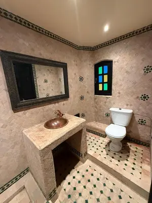 a bathroom with a toilet and a sink and a mirror at Riad Souleimane Résidence Qaria Siyahiya in Marrakech
