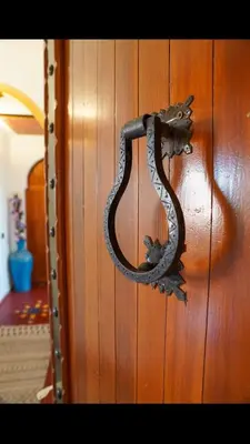 a metal dragon handle on a wooden door at RIAD SYMPA dans residence in Marrakech