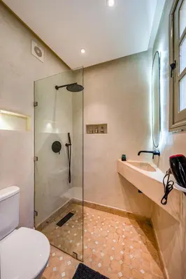 a bathroom with a shower and a toilet and a sink at Riad Exotika a Oasis with Pool, 7 min to Jemaa El Fna in Marrakech