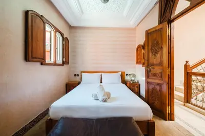 a bedroom with a white cat laying on a bed at Riad Marrakech Oasis complexe in Marrakech