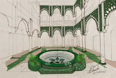 a drawing of a building with a fountain at Palais Talilit in Marrakech