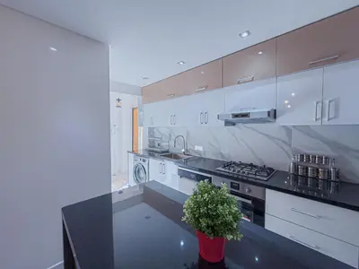 a kitchen with white cabinets and a potted plant at Essalmi Luxury Apartment Gueliz in Marrakech