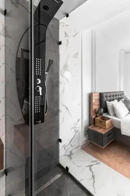 a shower with a glass door in a bedroom at 3 BED Hidden Gem Self Check-in With Pool M6 BLVD in Marrakech