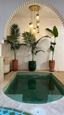 a swimming pool with plants in a room at Riad Abrare-A in Marrakech