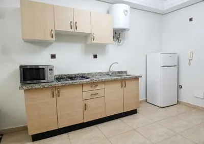 a kitchen with wooden cabinets and a white refrigerator at Appart Mobarak 5 in Marrakech