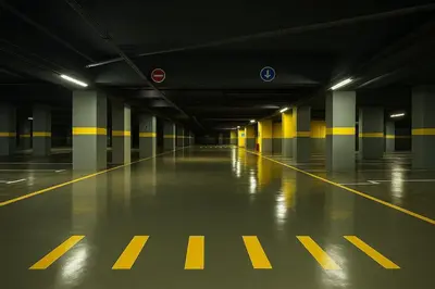 an empty parking garage with yellow and white columns at Syra House Residence Moderne 2 Piscine Jacuzzi Parking in Marrakech