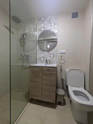 a bathroom with a toilet and a shower and a mirror at Majorelle blue SPA retreat in Marrakech