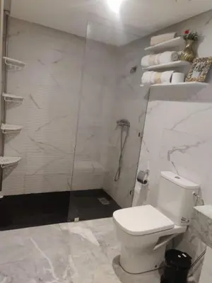 a bathroom with a shower and a toilet in it at Modern Duplex Apartment in Marrakech for family only - Comfortable Quiet in Marrakech