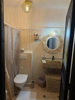 a bathroom with a toilet and a sink and a mirror at Riad Douha in Marrakech
