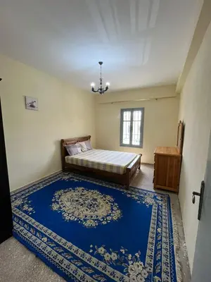 a bedroom with a bed and a blue rug at 3Br in heart of Marrakech 15min from downtown in Marrakech