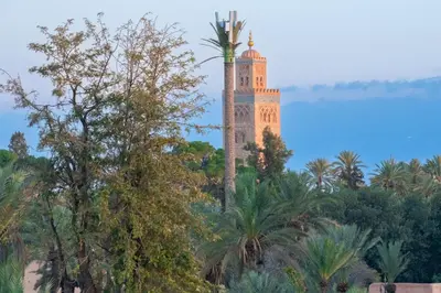a tower with a palm tree in the middle of trees at Studio au cœur de Guéliz à 5 min de Jemaa el-Fna in Marrakech