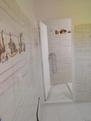 a white bathroom with a shower and a toilet at Dar Essalam in Marrakech