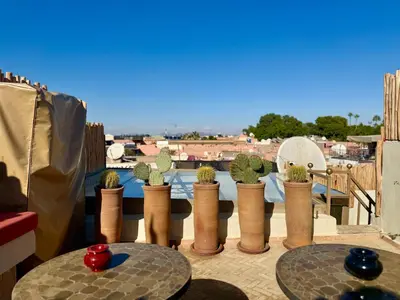 a group of cactus pots sitting on a balcony at Riad des bibouches pool breakfast private in Marrakech