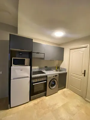 a kitchen with a white refrigerator and a dishwasher at Cosy 1 Bedroom flat marrakech city center in Marrakech