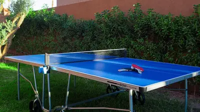 a blue ping pong table with a ping paddle on it at Villa Nobu - Architect-designed villa with pool in Douar Bellouk