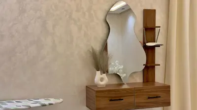 a dressing room with a mirror and a wooden dresser at NEW 2 Bedrooms Apartment 15 min from City Center Marrakech in Marrakech