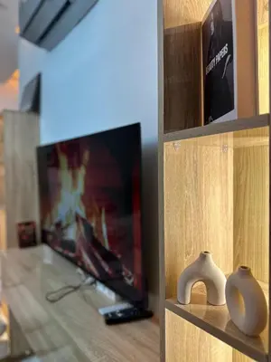 a living room with a fireplace and a tv at Appartement plaza in Marrakech