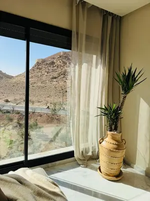 a vase with a plant in a room with a window at Refined apartment with rooftop pool in Marrakech