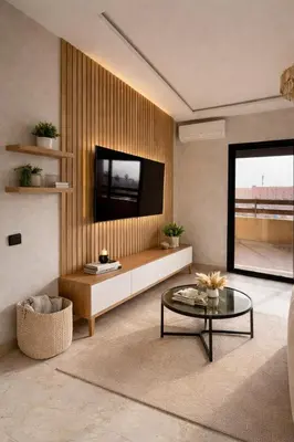 a living room with a tv and a table at Appartement moderne confortable 2 chambres près de Marrakech Gueliz piscine in Marrakech