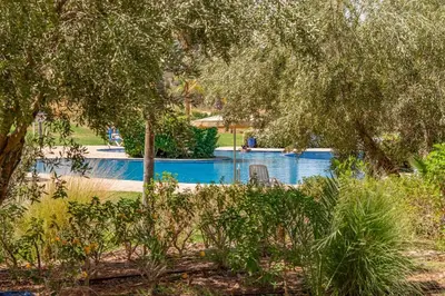 a swimming pool in a yard with trees at Magnifique appartement rez-de-jardin face piscine in Marrakech