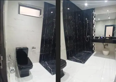 two pictures of a bathroom with a toilet and a shower at Appart zénith in Marrakech