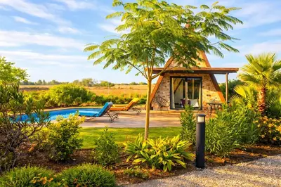 a resort with a pool and a tree at Oasis Of peace Chalet A-frame Atlas view in Aït Amara