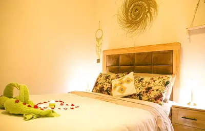 a bedroom with a bed with a stuffed dinosaur on it at Appartement traditionnel au médina in Marrakech