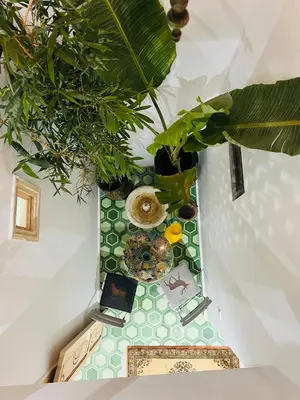 an overhead view of a table with plants and a laptop at Riad Dar L artiste in Marrakech