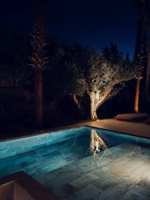a swimming pool at night with trees in the background at LA VILLA 58 - Ecolodge - Marrakech in Marrakech