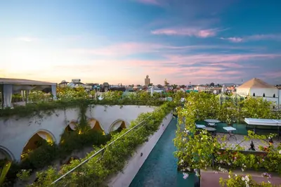 an overhead view of a rooftop garden with flowers at Almaha Marrakech Restaurant & SPA in Marrakech