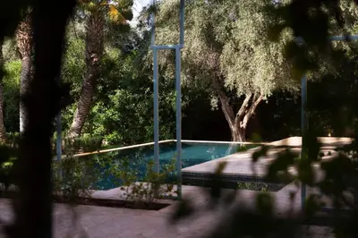 a swimming pool in a park with trees at Riad Johara Marrakech in Marrakech