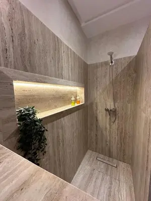 a bathroom with a shower with a counter and a plant at Hébergement Moderne avec Esprit Riad a l'Hivernage in Marrakech