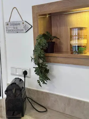 a black bag sitting on the floor next to a shelf with a plant at Hébergement Moderne avec Esprit Riad a l'Hivernage in Marrakech