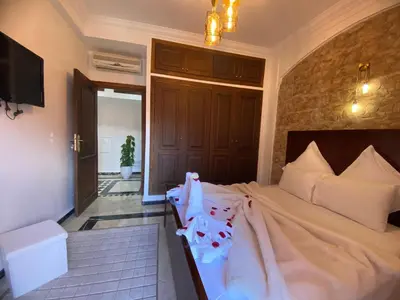 a bedroom with a large bed and a tv at appartment L'Hivernage in Marrakech
