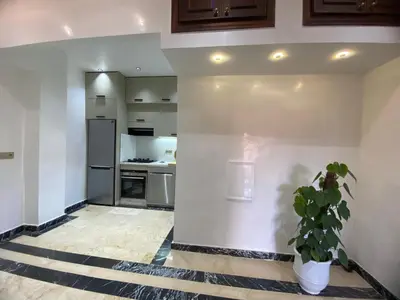 a kitchen with white walls and a potted plant at appartment L'Hivernage in Marrakech