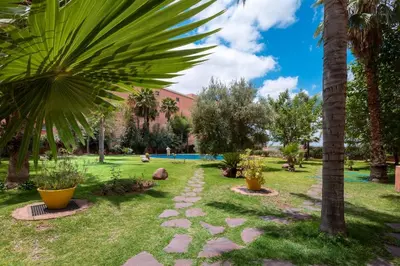 a park with palm trees and a pathway at Appartement idéal a l'hivernage in Marrakech
