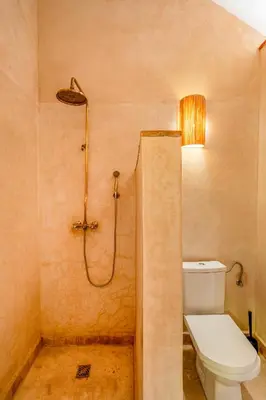 a bathroom with a toilet and a shower at Riad Imani-Gorgeous Sunny Terrace Breakfast Pool in Marrakech