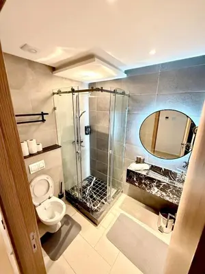 a bathroom with a shower and a toilet and a mirror at Apartment with pool & gym in Marrakech