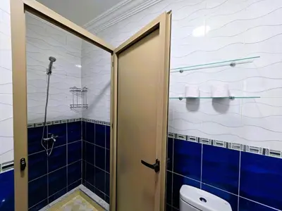 a bathroom with a shower with a toilet and blue tiles at Jonas House in Marrakech