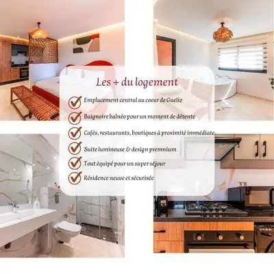 a collage of photos of a bathroom and a bedroom at Cocon Balnéo de Gueliz - Central & Balcon in Marrakech
