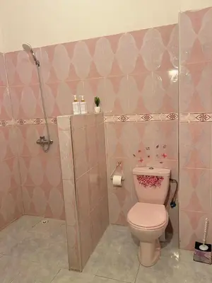 a bathroom with a pink toilet and a shower at Spacieux Appart 2 chambres 6 Pers 12min Aéroport in Marrakech