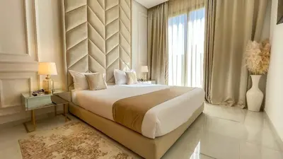 a bedroom with a large bed and a large window at Superbe Villa Alma piscine chauffée à Marrakech in Marrakech