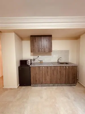 a kitchen with a black refrigerator and a microwave at Suite Amethyste - Majorelle in Marrakech