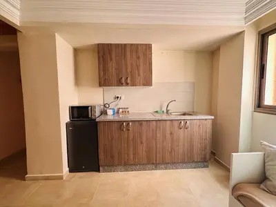 a small kitchen with a sink and a microwave at Suite Amethyste - Majorelle in Marrakech