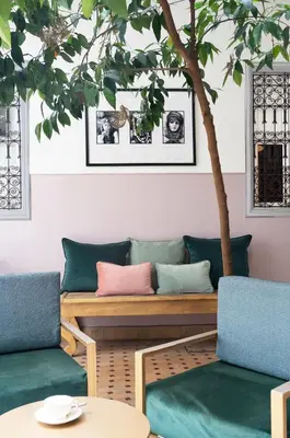 a living room with a couch and a tree at Riad Sashema in Marrakech