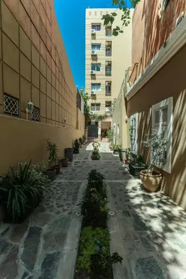 an alley between two buildings with potted plants at Dar Guéliz in Marrakech