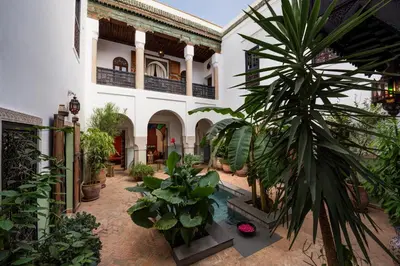 a courtyard with potted plants in a building at Riad Azzar in Marrakech