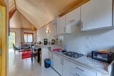 a kitchen with a sink and a stove top oven at Ferme Sidi Safou & Spa in Marrakech