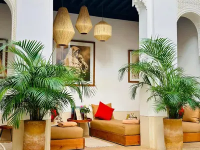 a living room with two palm trees and a couch at Riad Jardin Des Sens & Spa in Marrakech